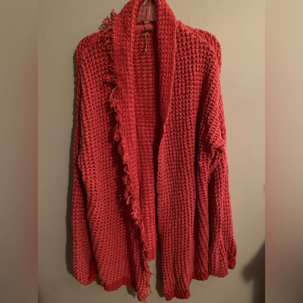 Free People I’ll Be Around Coral Orange Fringe Trim Cardigan Sweater Size S - Picture 4 of 5